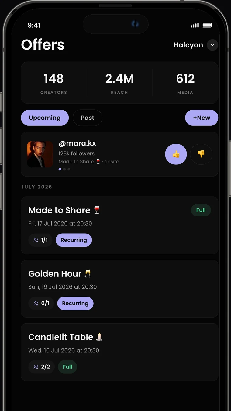 The REACH Business app showing live offers and creator requests